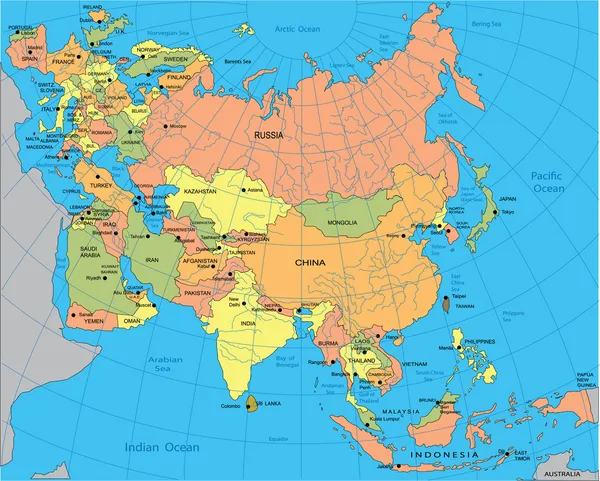 Mappa politica dell'Eurasia — Vettoriale Stock