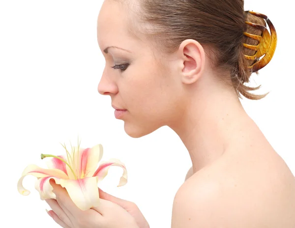 Gyönyörű nő liliom virág — Stock Fotó