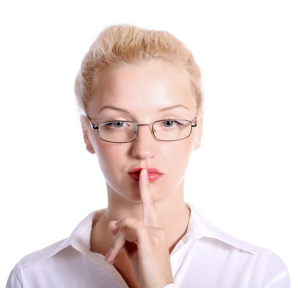 Mujer rubia joven con su dedo sobre h —  Fotos de Stock