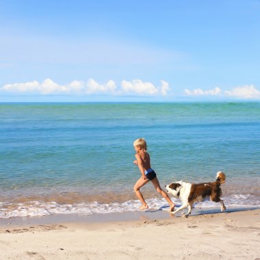 denizin üzerinde köpek oynama çocuk