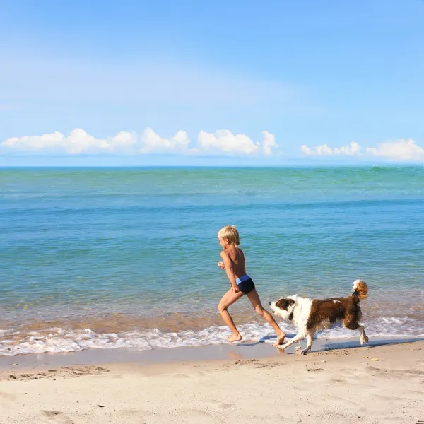 Ragazzo che gioca a cane sul mare — Foto Stock