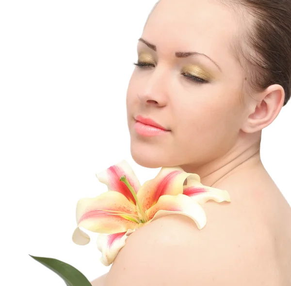 Beautiful woman with lily flower — Stock Photo, Image