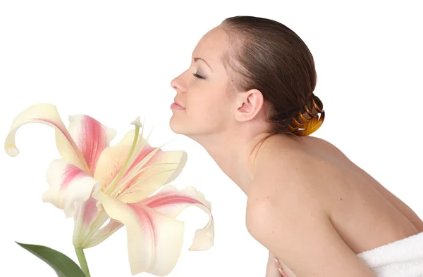 Hermosa mujer con flor de lirio —  Fotos de Stock