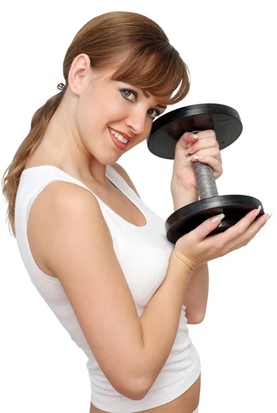 Beautiful woman with dumb-bells — Stock Photo, Image