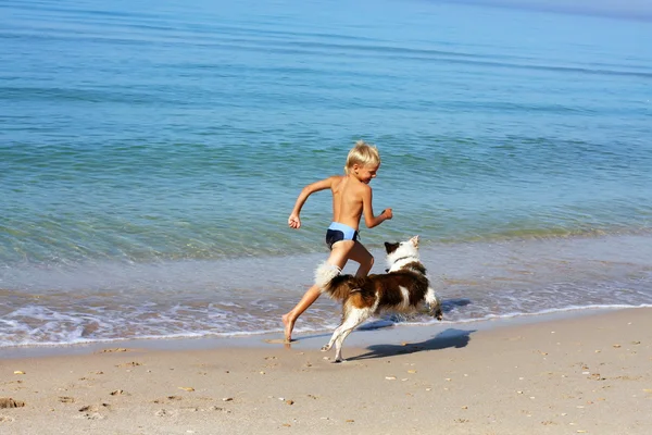 Menino brincando de cachorro no mar — Fotografia de Stock