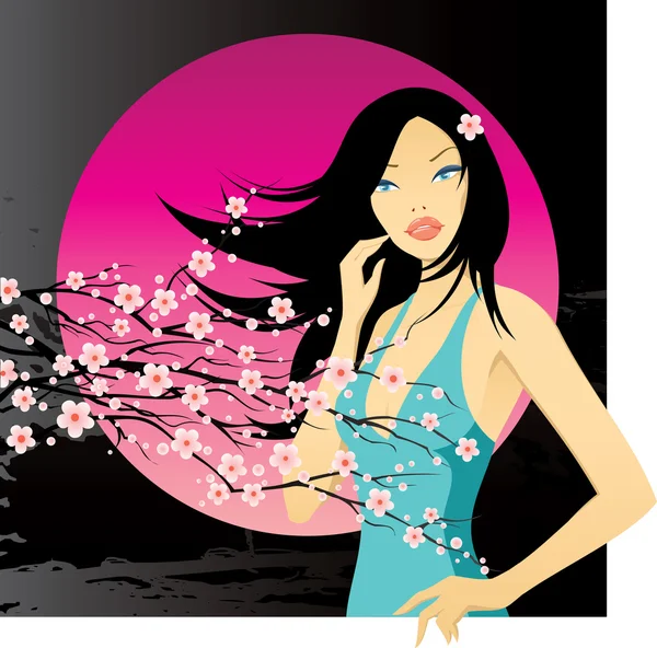 Chica con ramita de cerezo en flor — Vector de stock