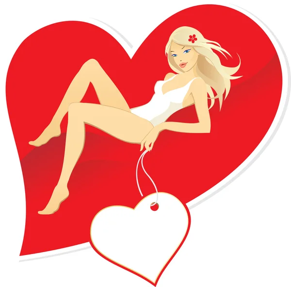 Belle femme sur coeur rouge — Image vectorielle