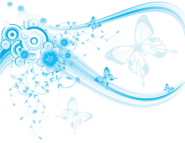 Fundo floral azul com borboletas — Vetor de Stock