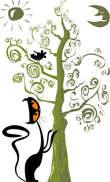 Кошка и птица на дереве — стоковый вектор