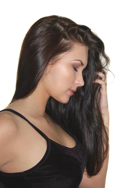 Vacker brunett tjej med långt hår — Stockfoto
