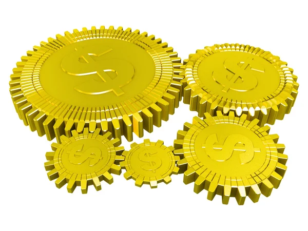 Five golden dollar gears — Stock Photo, Image