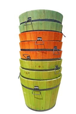 Stacked colorful wooden buckets isolated clipart