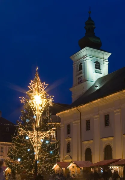 Karácsony fa town square Nagyszeben — Stock Fotó