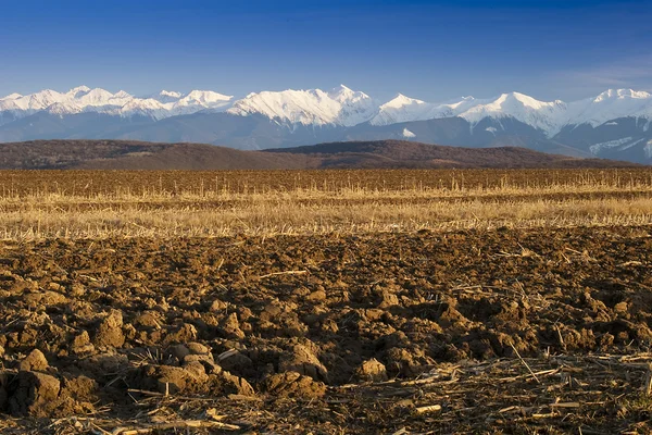 stock image Mountain range snow peaks plowed field