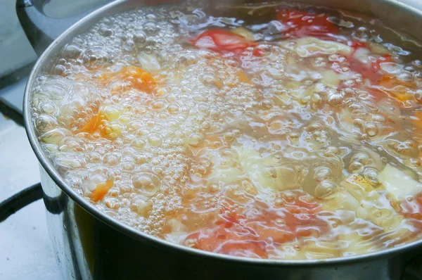 Sopa vegetal fervente na panela — Fotografia de Stock