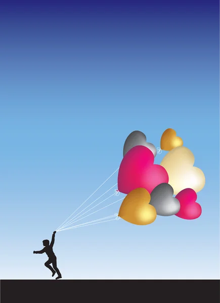 Running with lots of heart balloons — Stock Photo, Image