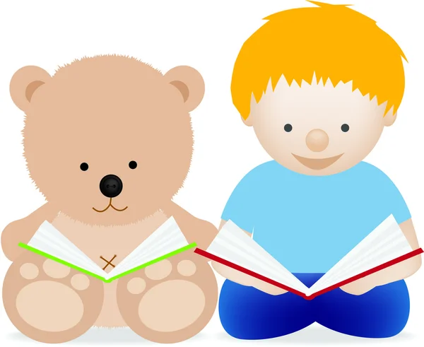 Teddy e menino leitura — Fotografia de Stock