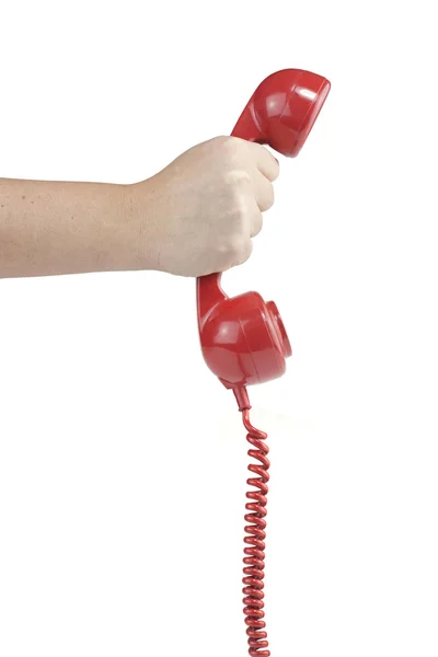 Answering an old fashioned red telephone — Stock Photo, Image