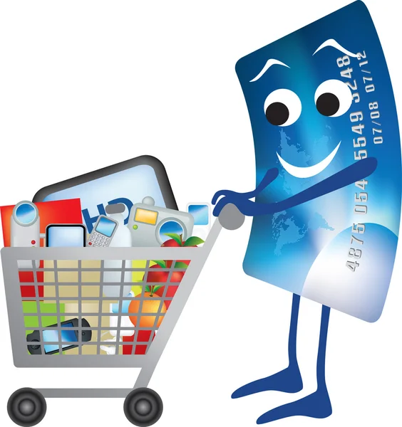 Kredi kartı ve alışveriş arabası karikatür — Stok fotoğraf