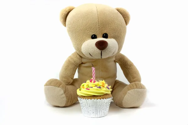 Teddy and cupcake wth 1 candle, — Stock Photo, Image