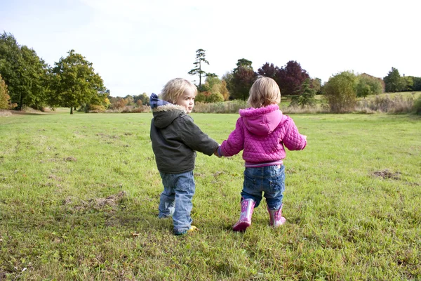 Dwoje dzieci trzymając się za ręce, chodzenie w co — Zdjęcie stockowe