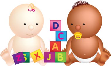 2 babies play with building blocks clipart