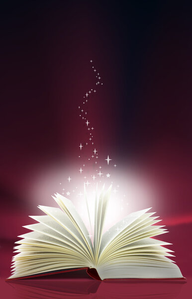 A magic book with light and stars emanating from the pages