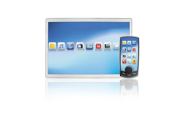 Moderno telefone celular touchscreen e lapt — Fotografia de Stock