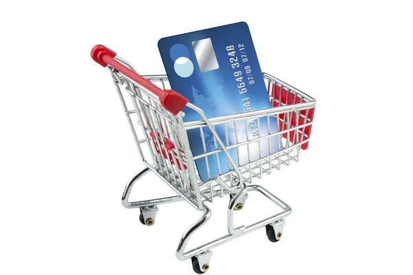 Kreditkort i en shopping vagn — Stockfoto
