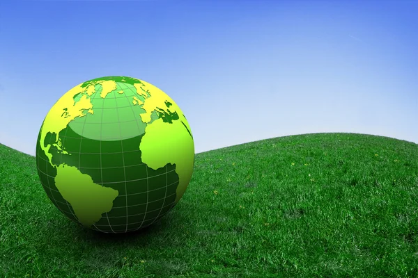 3D świecie zielony na trawie — Zdjęcie stockowe