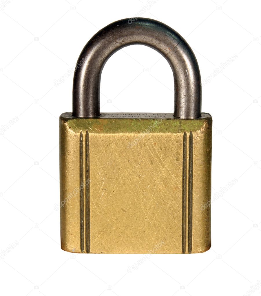 Brass padlock isolated with path