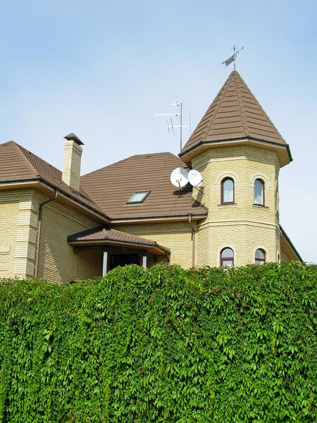 Cottage and green hedge