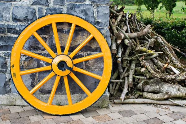 Wooden Wagon Wheel and Branches — Stock Photo, Image