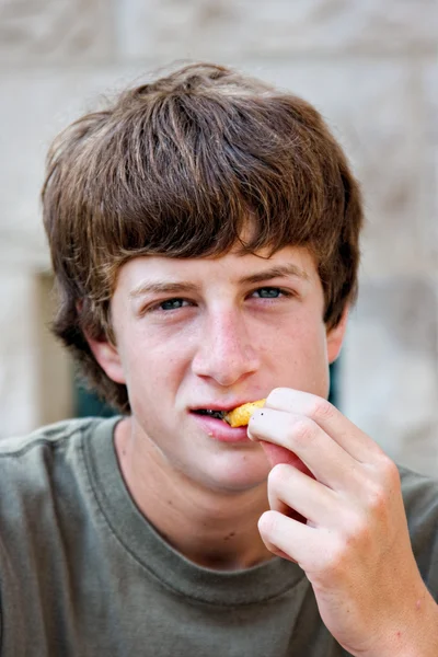 Αγόρι που τρώει γαλλική τηγανητά — Φωτογραφία Αρχείου
