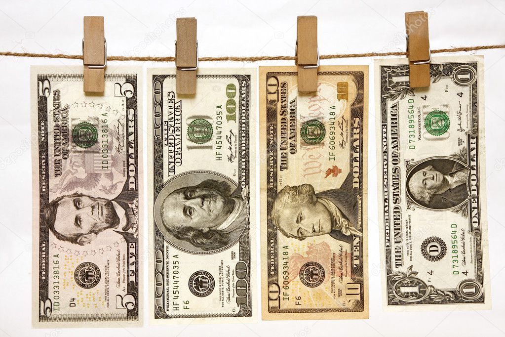U.s. Currency Hanging On Clothesline