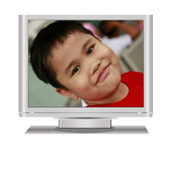 在液晶电视中的男孩 — 图库照片