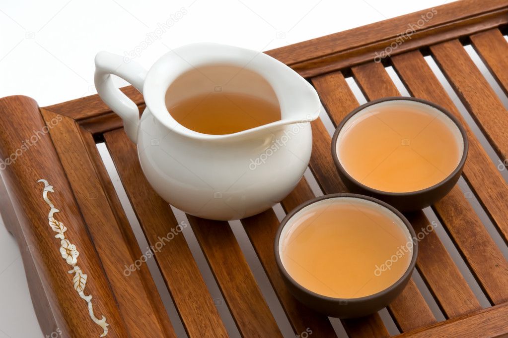 Green tea in cups on wooden tray