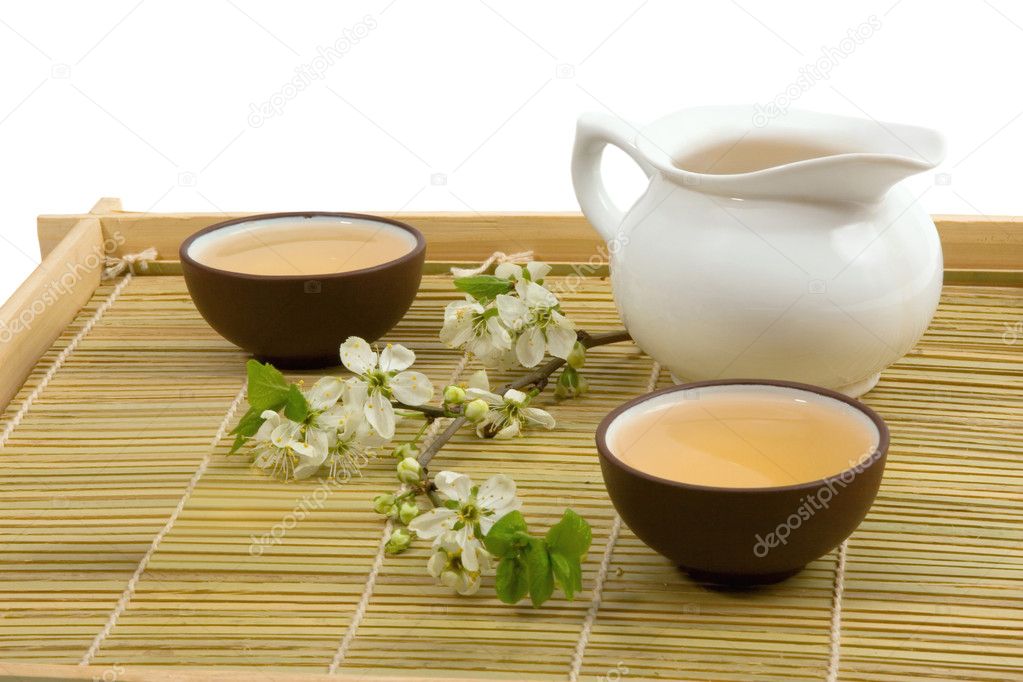 Tea serving in ceramic cups and teapot