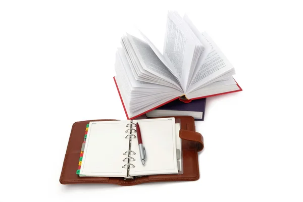Σημειωματάριο, στυλό και βιβλία — Φωτογραφία Αρχείου