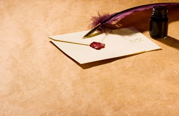 Letter, quill and inkwell — Stock Photo, Image