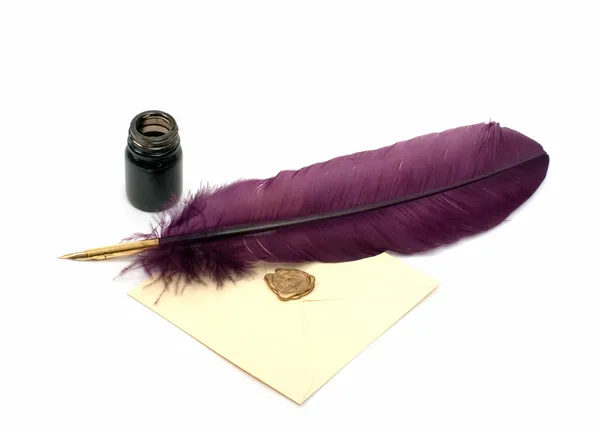 Letter, Inkwell and feather — Stock Photo, Image