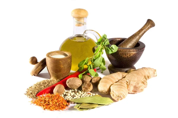 Spices, herbs and olive oil — Stock Photo, Image