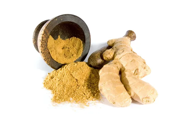 Ginger root and powder with mortar — Stock Photo, Image