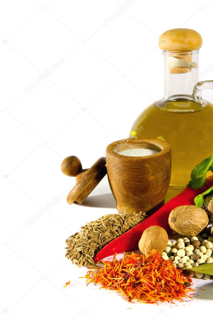 Assorted spices and olive oil