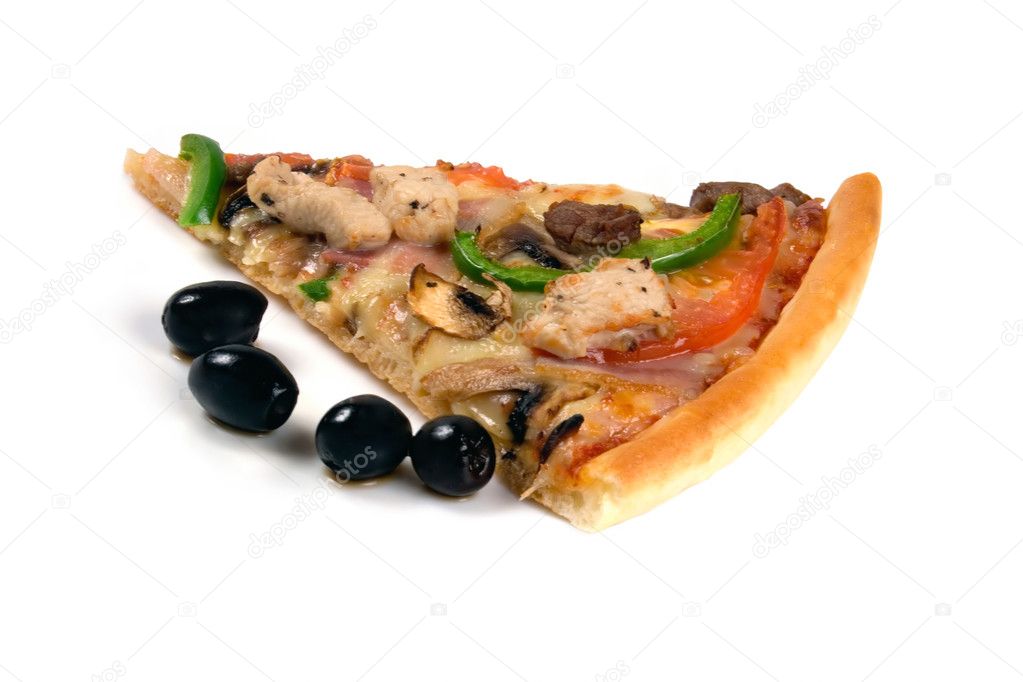 Pizza slice with olives.