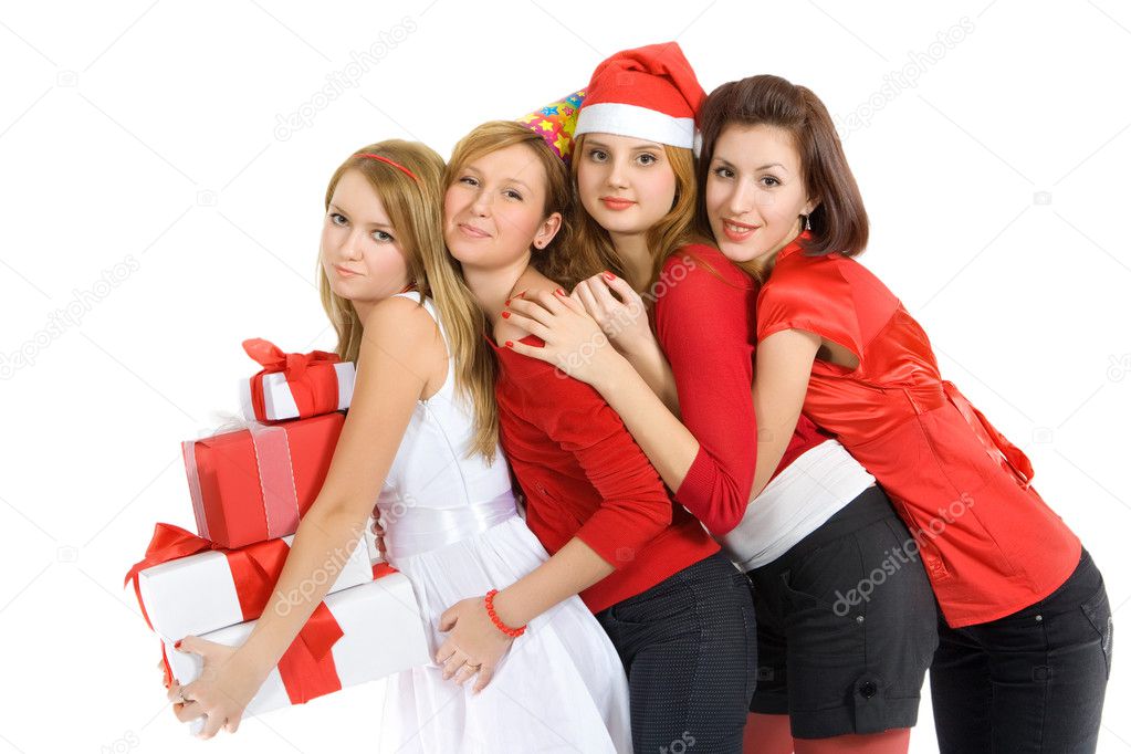 Girls in red with the presents.