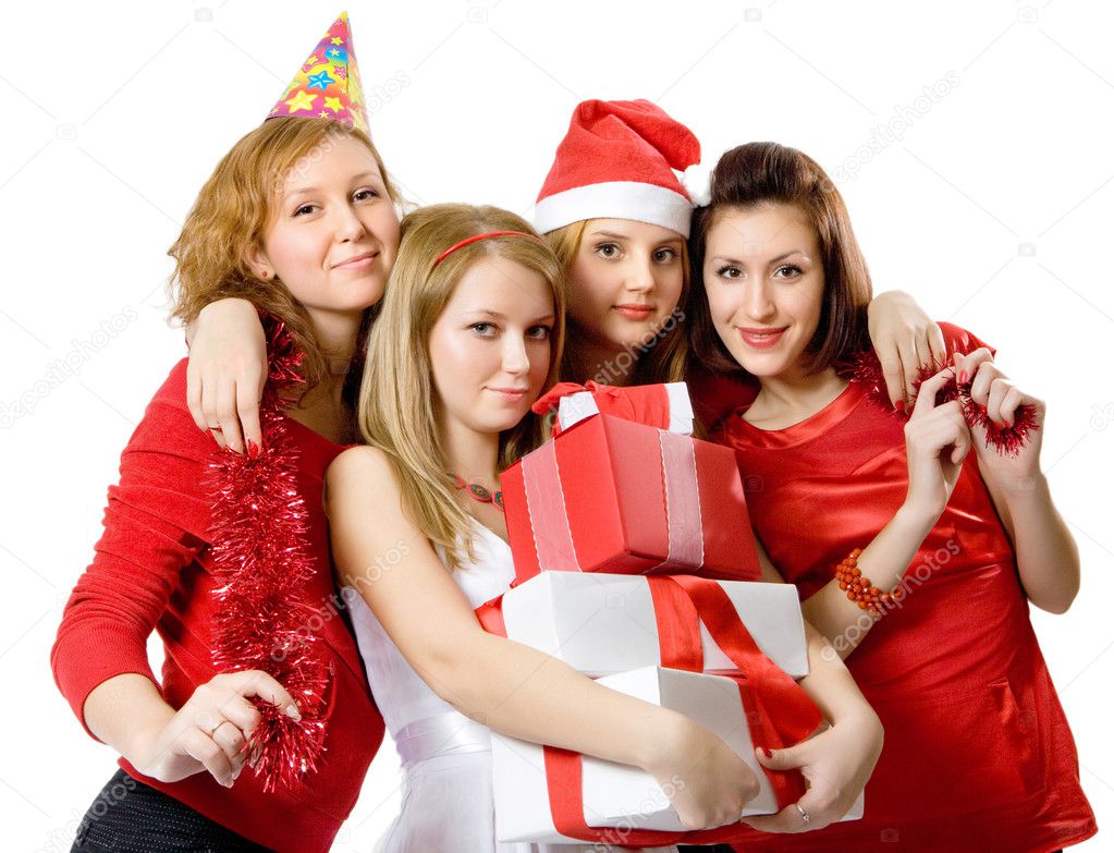 Girls in red with the presents.