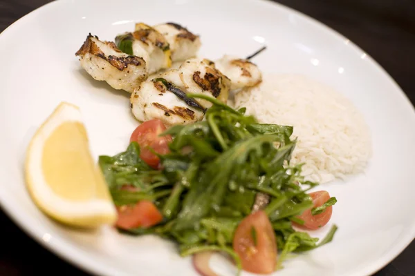 stock image Monkfish skewers with Basmati rice