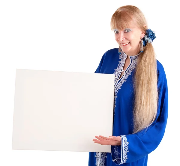 Senior mulher segurando um sinal em branco — Fotografia de Stock