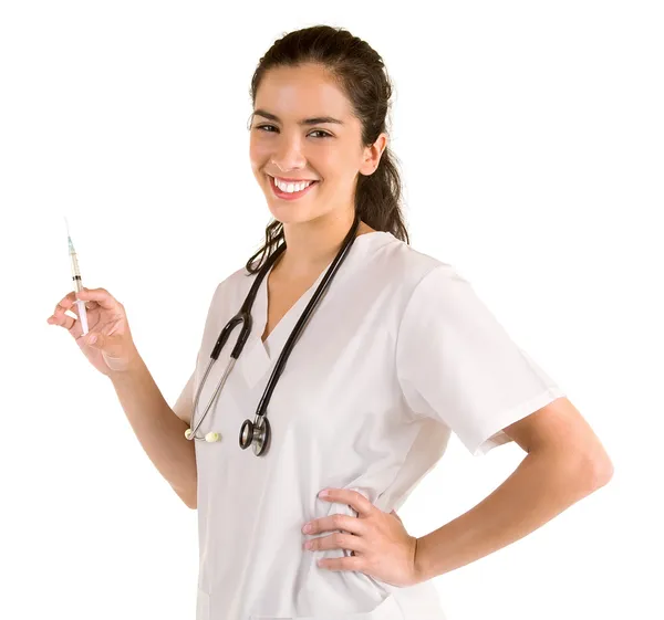 Enfermeira sorridente com seringa — Fotografia de Stock
